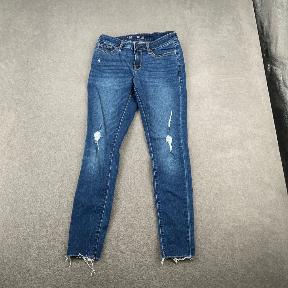ANA A‎ New Approach Mid-Rise Jegging Blue Distressed Raw Hem Skinny Jeans Size 4